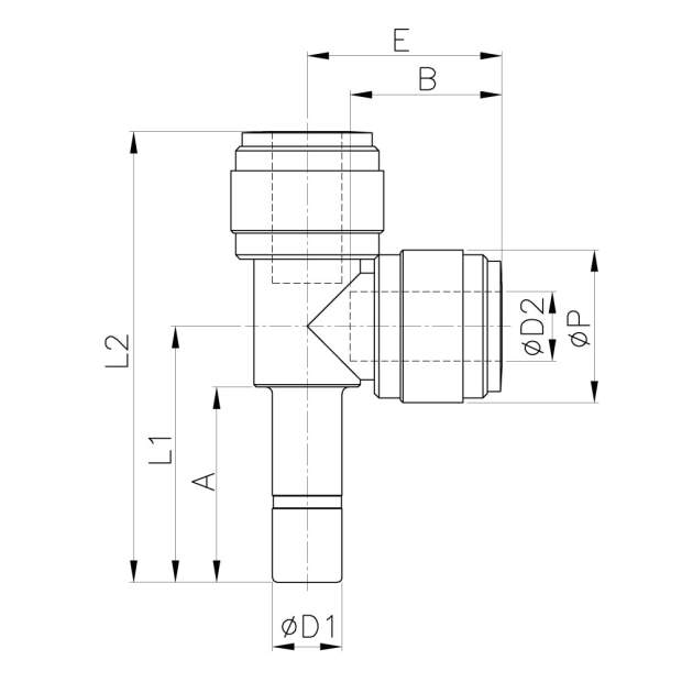HSJ T-Verbinder mit seitlichem metrischen Stutzen und Steckverbindung 4 bis 12mm